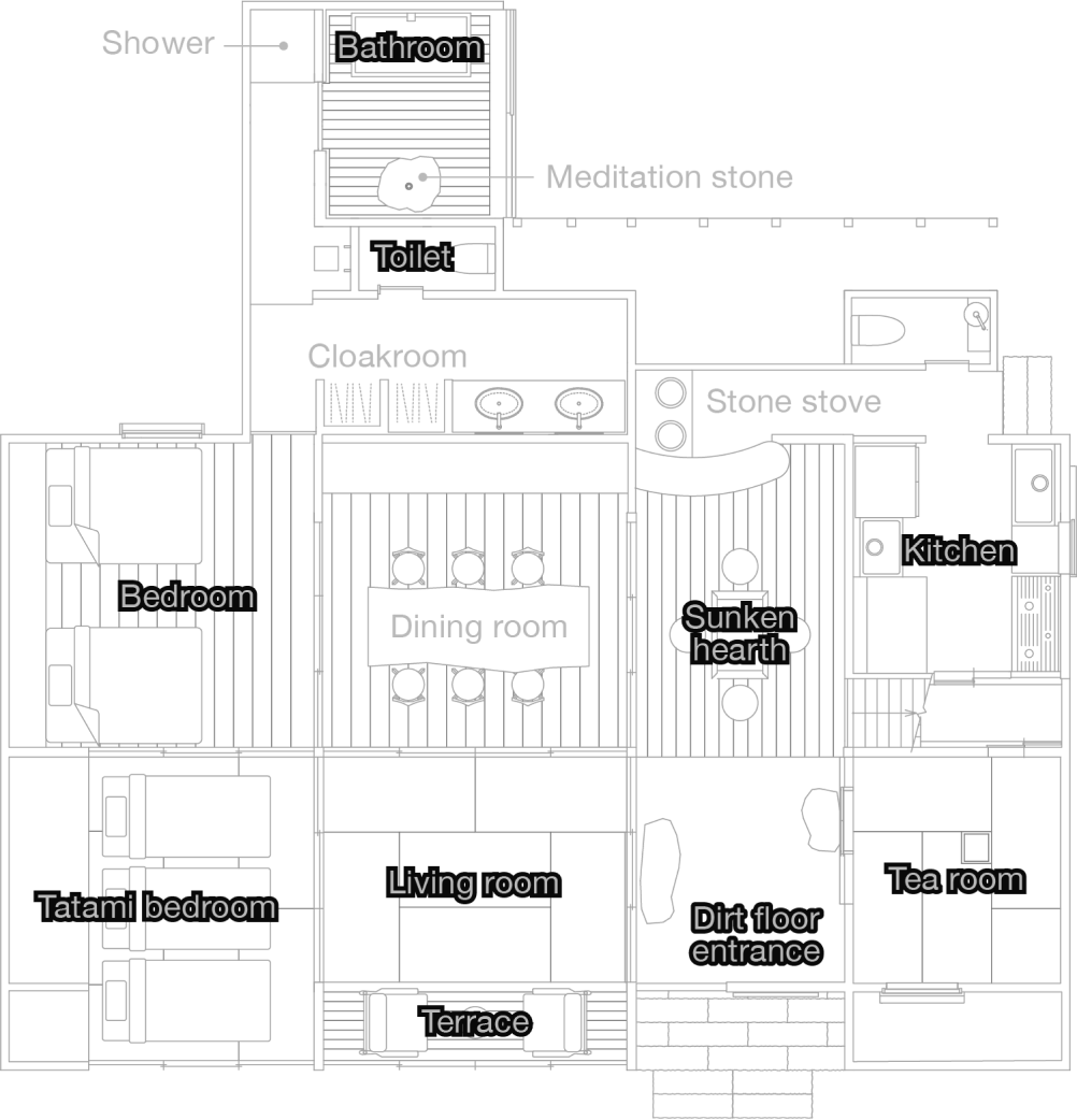 This is the floor plan. It shows the dirt floor entrance, dining room, sunken hearth, kitchen, bedroom, tatami bedroom, living room, terrace, tea room, bathroom, meditation stone, shower, cloakroom, stone stove, toilet, etc.